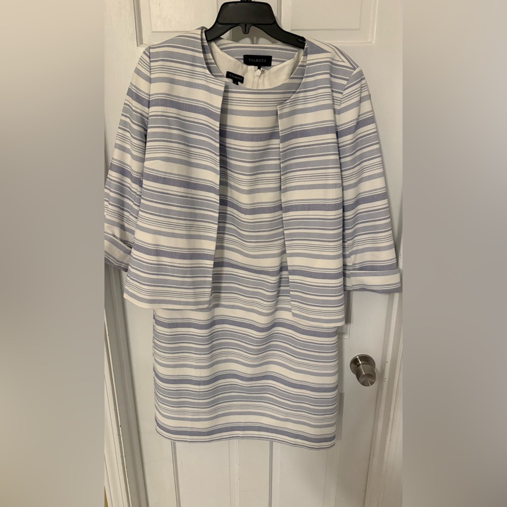 Talbots sleeveless dress with matching jacket,  White and Blue striped Size 12